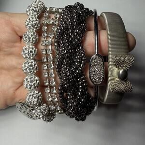 Silver Tone Rhinestone Bangle Bracelet Lot 5 Pc Stack Druzy Mesh Disco Y2K Glam